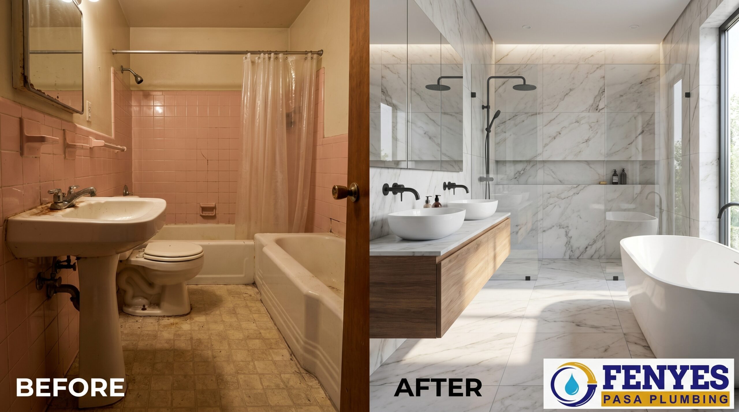 Before and After Bathroom Remodeling in Pasadena, CA by Fenyes Pasa Plumbing — showing a complete transformation from outdated bathroom to modern, functional renovation