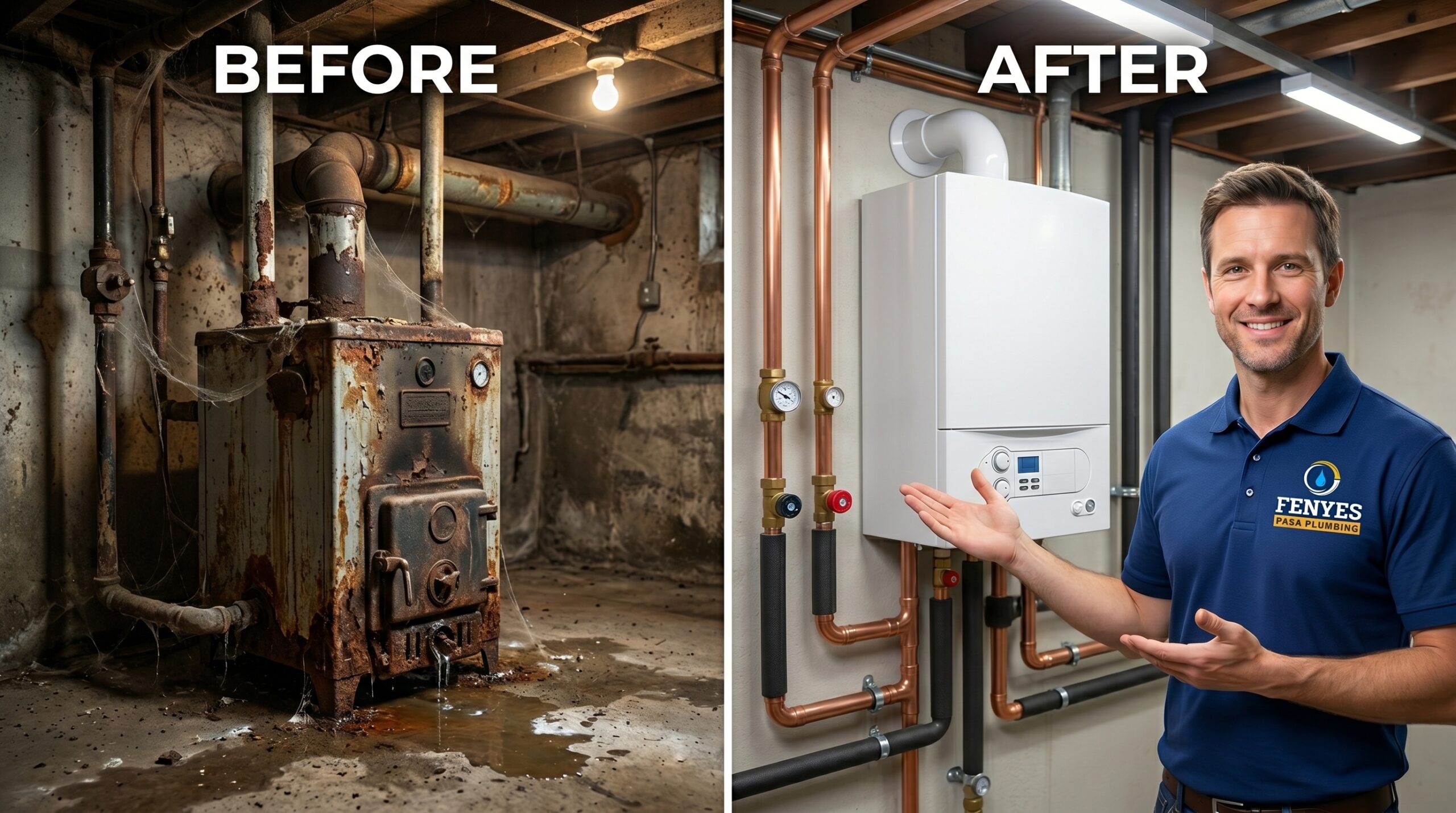 Before and after boiler repair and replacement project by Fenyes Pasa Plumbing in Pasadena, CA — old boiler removed and modern high-efficiency condensing boiler installed