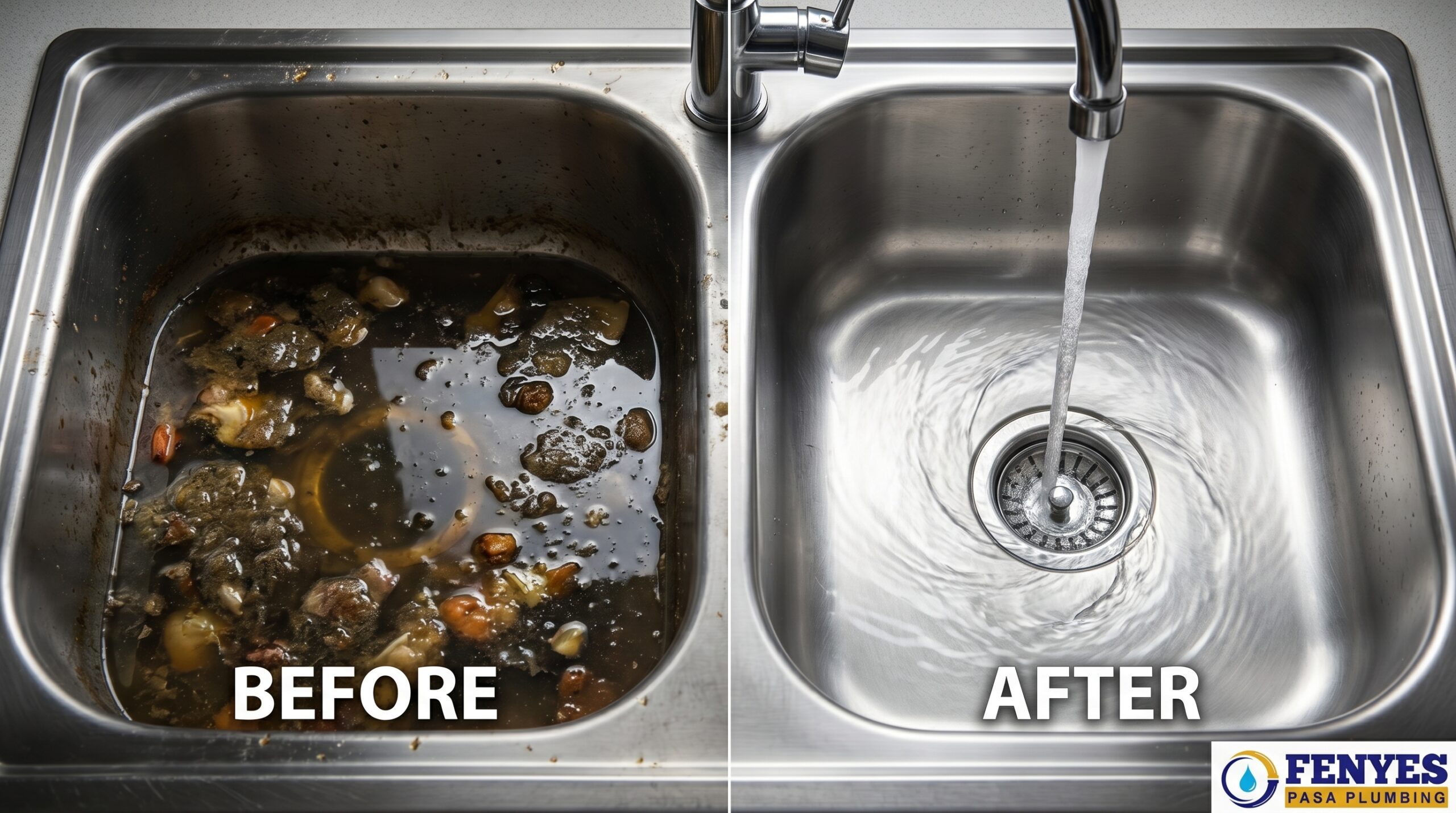 Before and after drain cleaning project in Pasadena CA showing fully restored drain flow after professional hydro jetting by Fenyes Pasa Plumbing