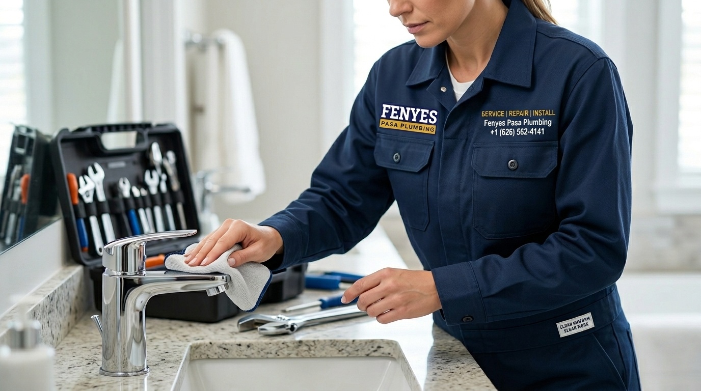 Female Fenyes Pasa Plumbing technician servicing bathroom faucet in Pasadena CA