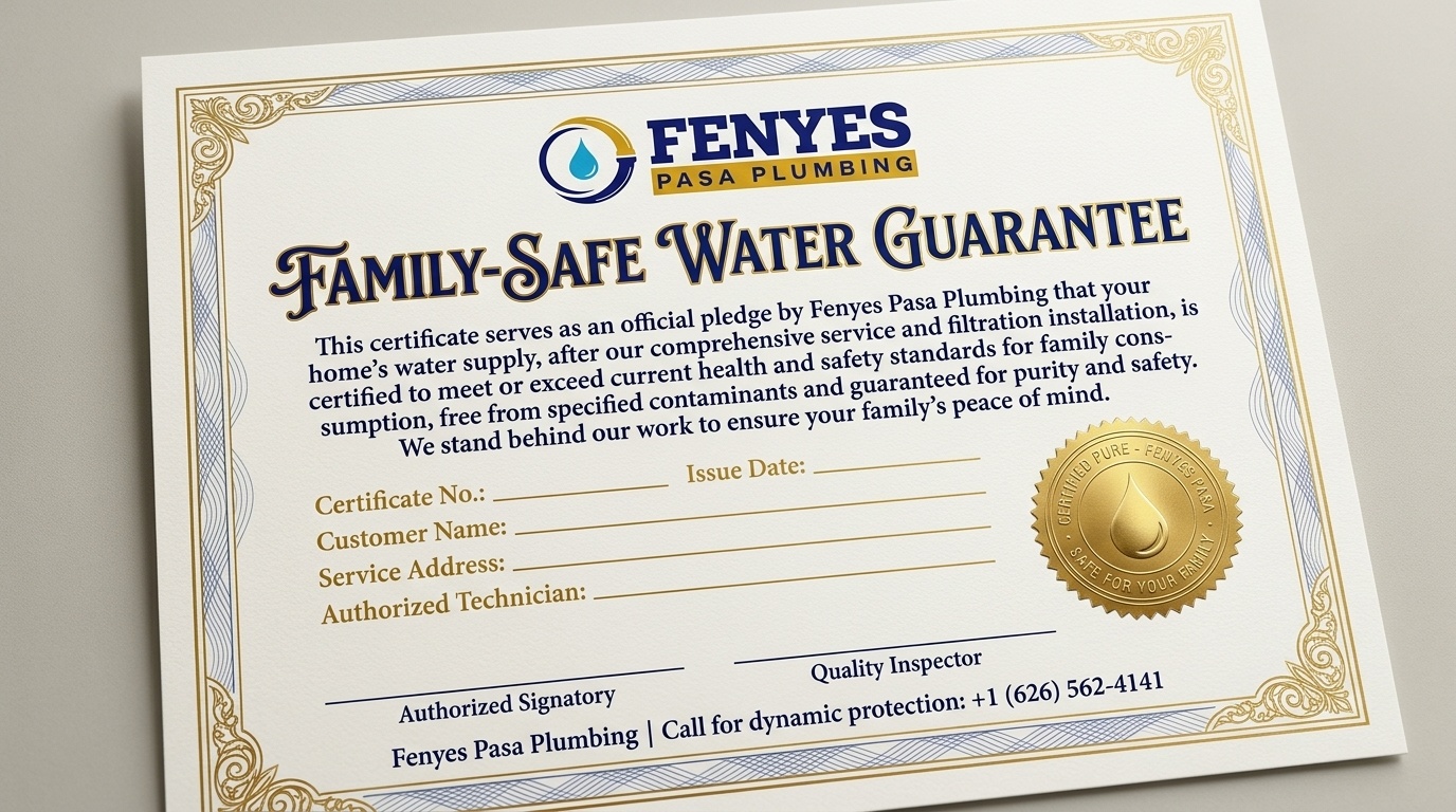 Fenyes Pasa Plumbing family safe water guarantee certificate for plumbing customers in Pasadena CA