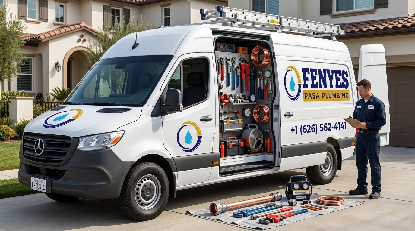 Fenyes Pasa Plumbing fully equipped Mercedes Sprinter service van and professional plumber on job site in Pasadena CA