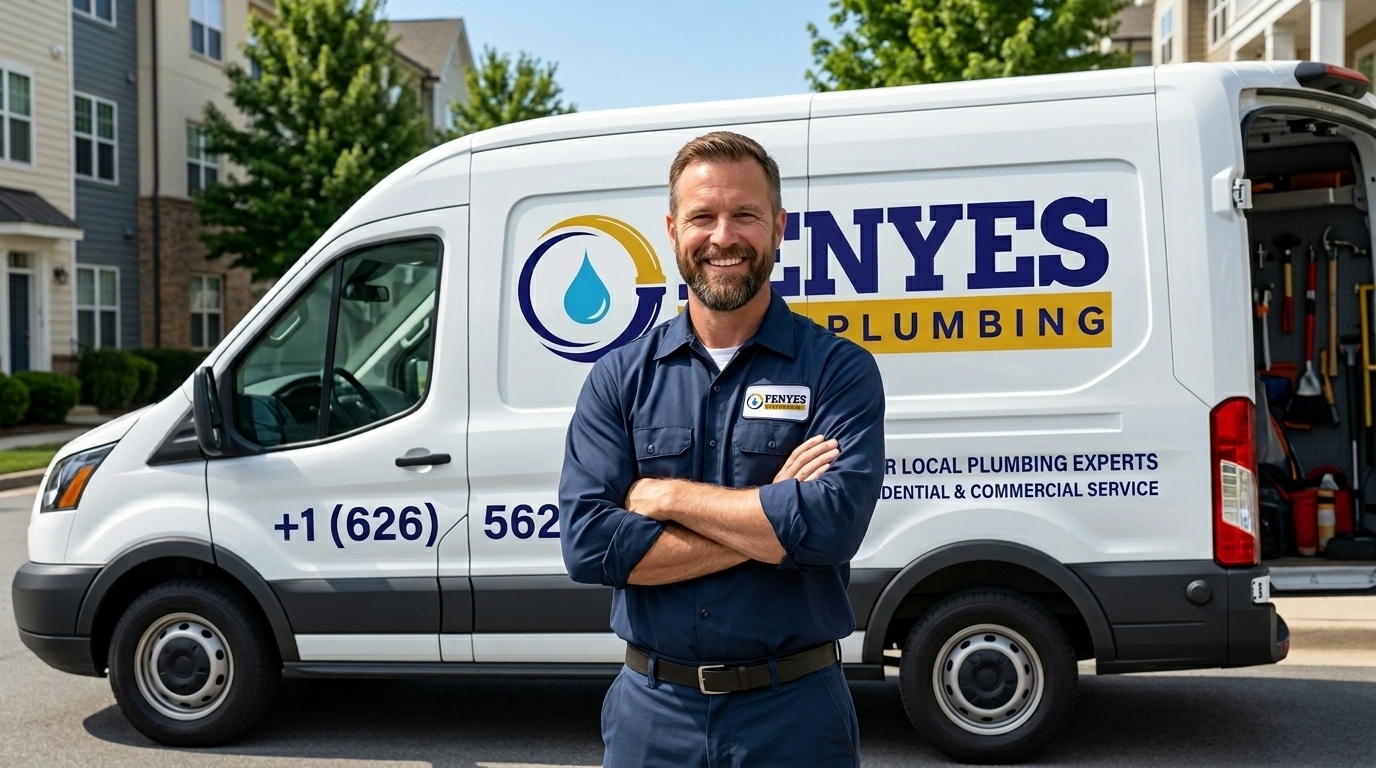 Fenyes Pasa Plumbing local plumbing expert standing in front of service van in Pasadena CA