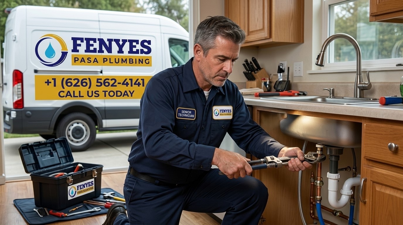 Fenyes Pasa Plumbing senior technician repairing kitchen sink plumbing in a Pasadena CA home