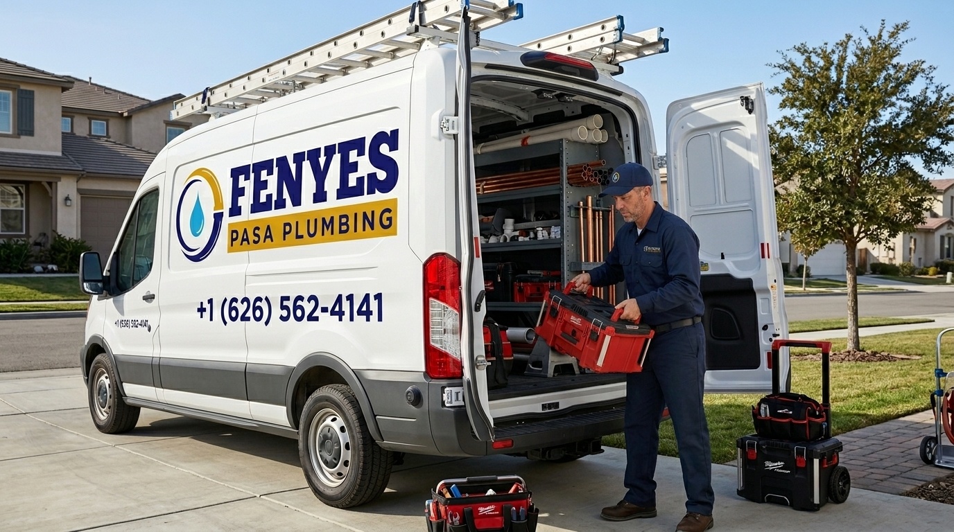Fenyes Pasa Plumbing service van and licensed plumber arriving for emergency plumbing service in Pasadena CA
