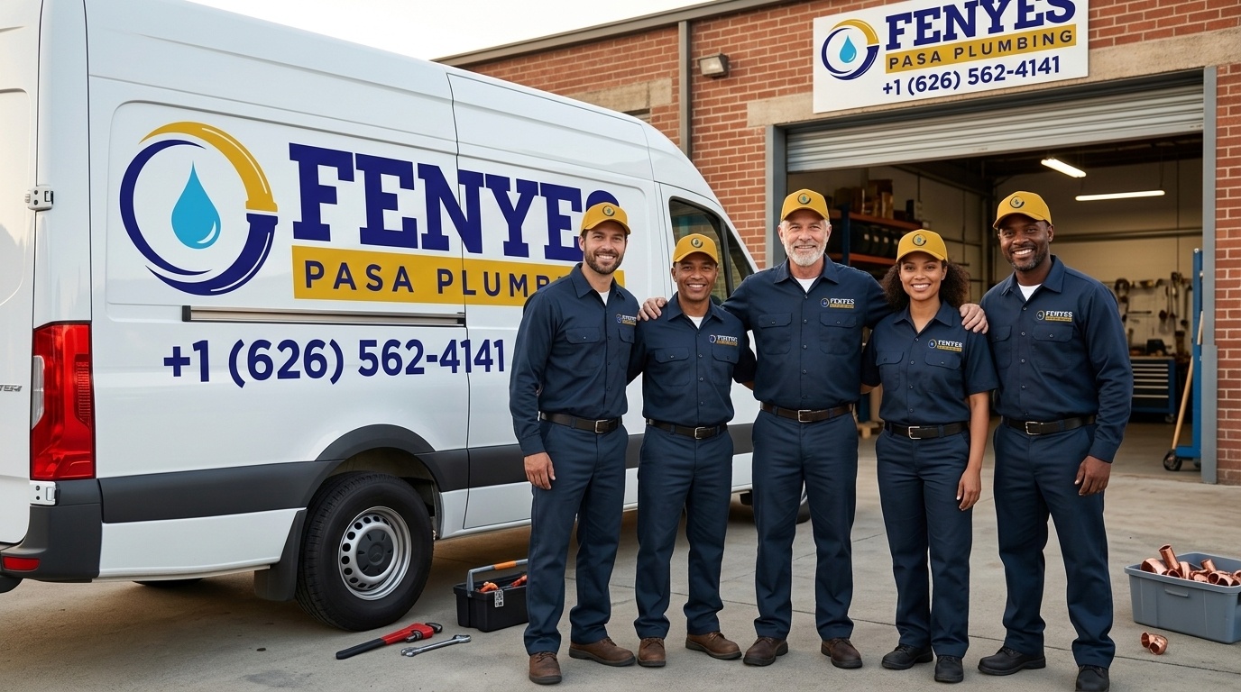 Fenyes Pasa Plumbing team standing outside headquarters warehouse in Pasadena CA