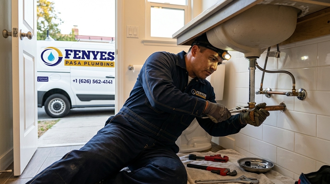 Fenyes Pasa Plumbing technician repairing bathroom sink plumbing in Pasadena CA