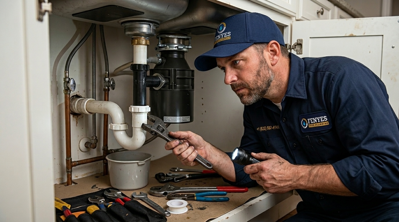 Licensed plumber repairing kitchen P-trap and garbage disposal at a Pasadena California residence