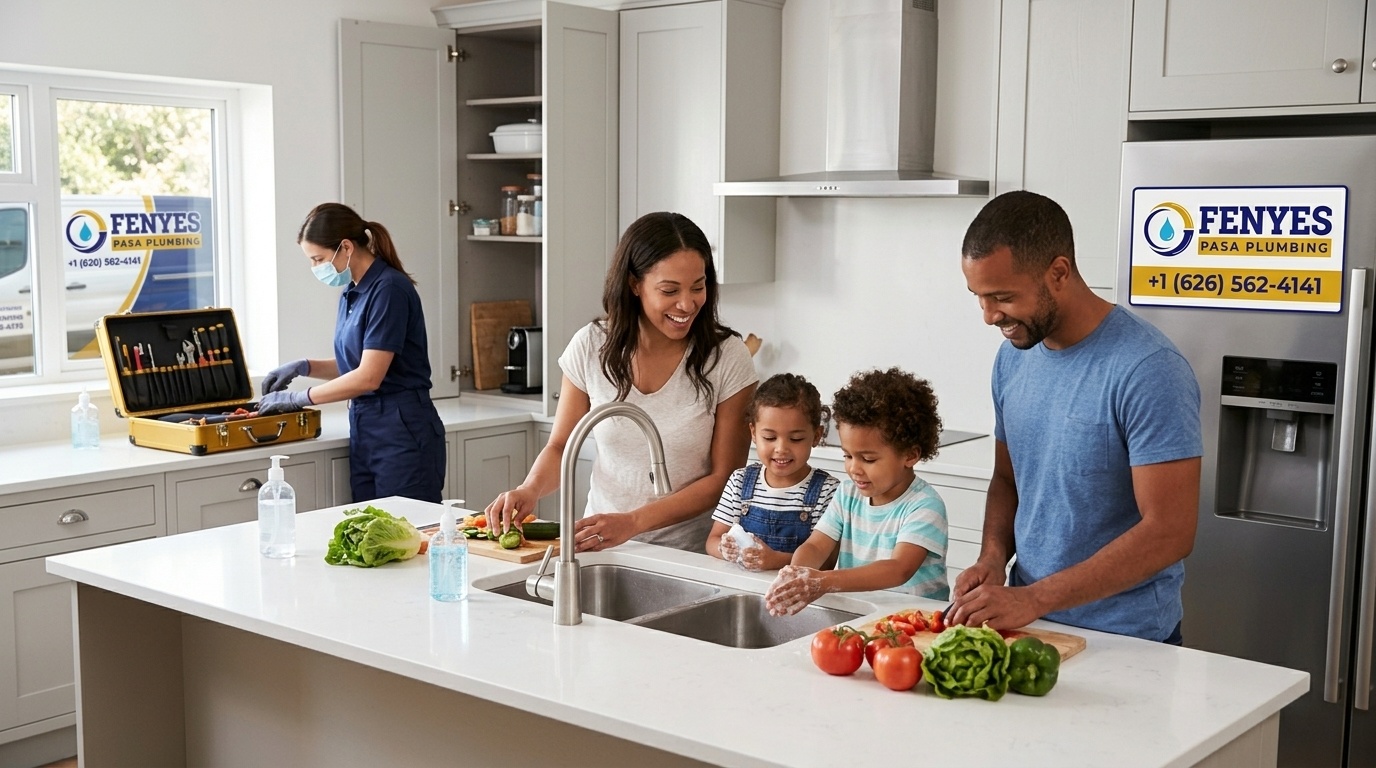 Fenyes Pasa Plumbing technician servicing a family kitchen in Pasadena CA