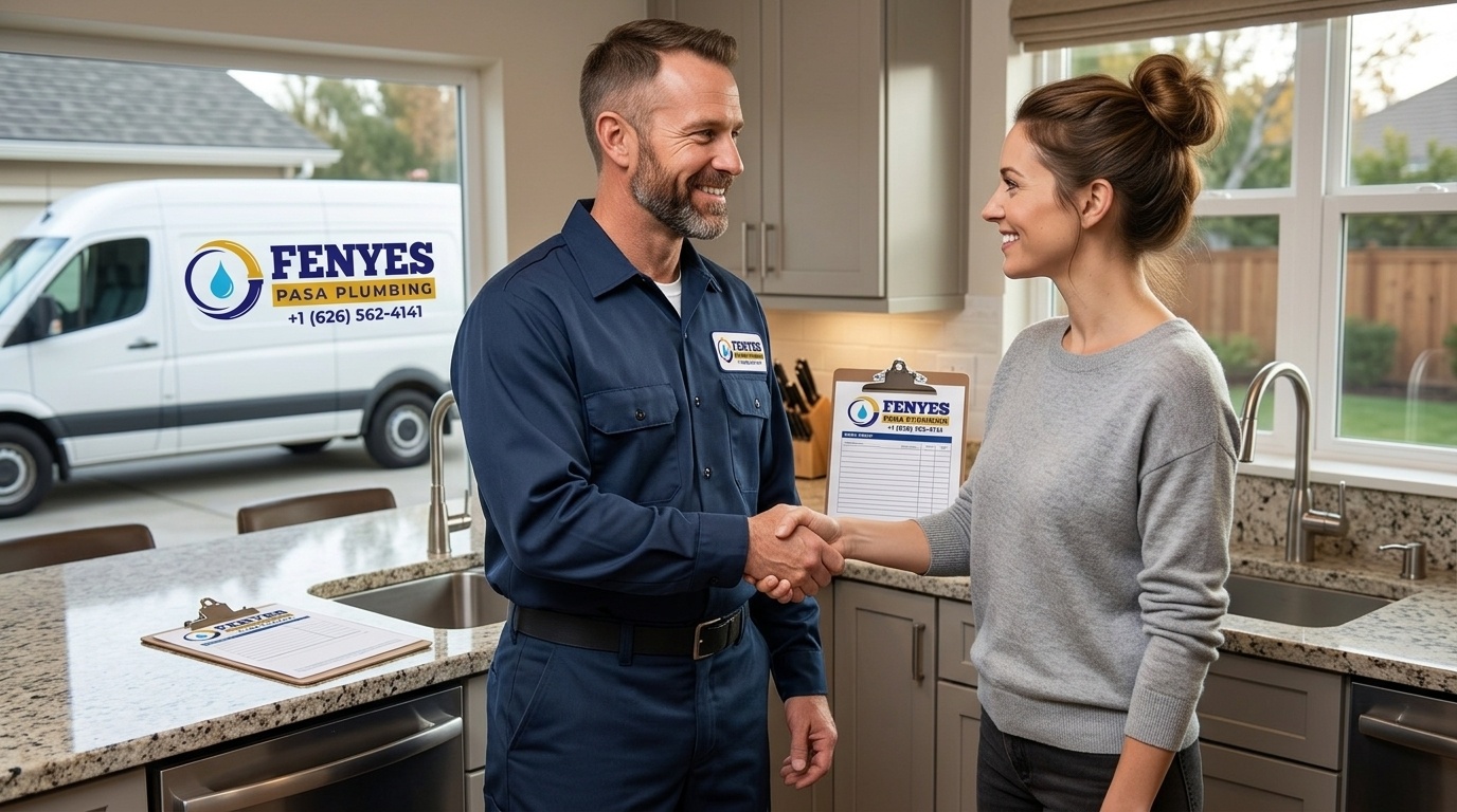 Fenyes Pasa Plumbing technician shaking hands with satisfied homeowner after plumbing service in Pasadena CA