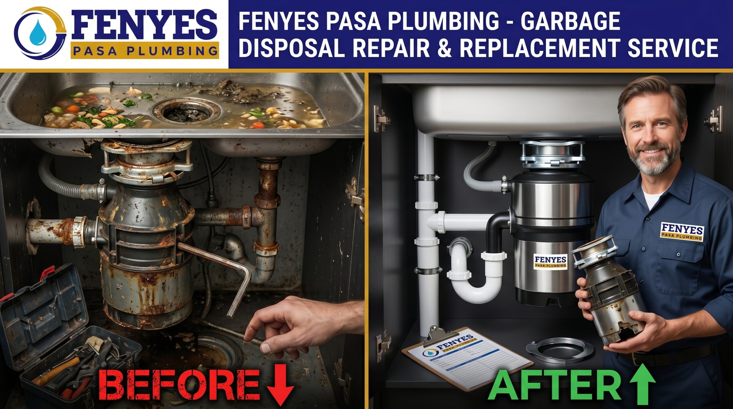 Before and after garbage disposal repair and replacement in Pasadena, CA by Fenyes Pasa Plumbing - showing a failed disposal unit replaced with a new properly installed unit under kitchen sink