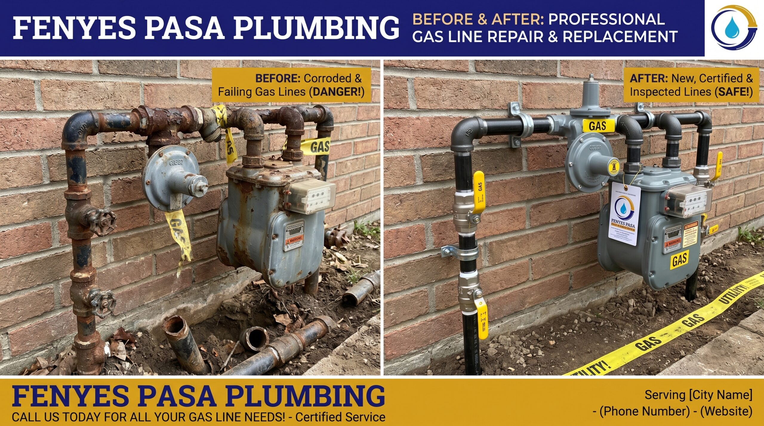 Before and After Gas Line Repair and Replacement in Pasadena California by Fenyes Pasa Plumbing - showing corroded galvanized pipe replaced with new code-compliant black iron gas line