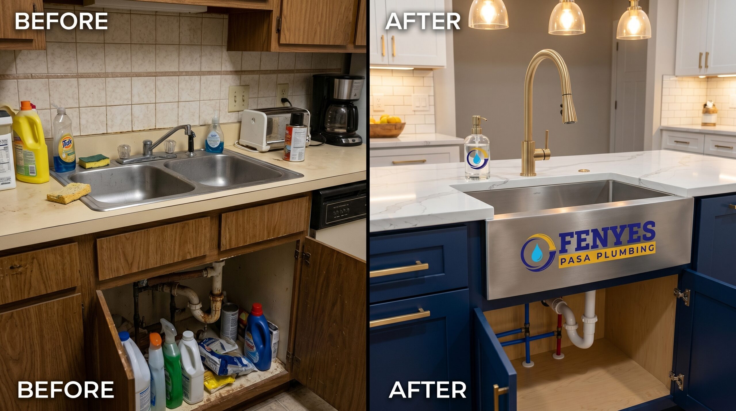 Before and After Kitchen Remodeling in Pasadena CA by Fenyes Pasa Plumbing — showing a complete kitchen transformation with updated plumbing, cabinets, countertops, and modern fixtures