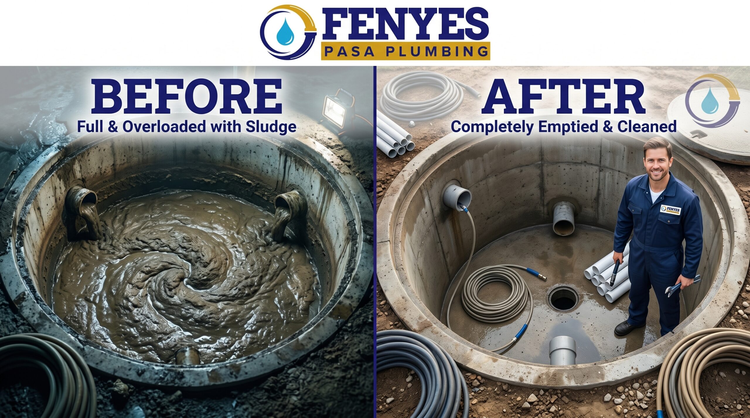 Before and After Septic Tank Cleaning and Pumping Service by Fenyes Pasa Plumbing in the San Gabriel Valley, California