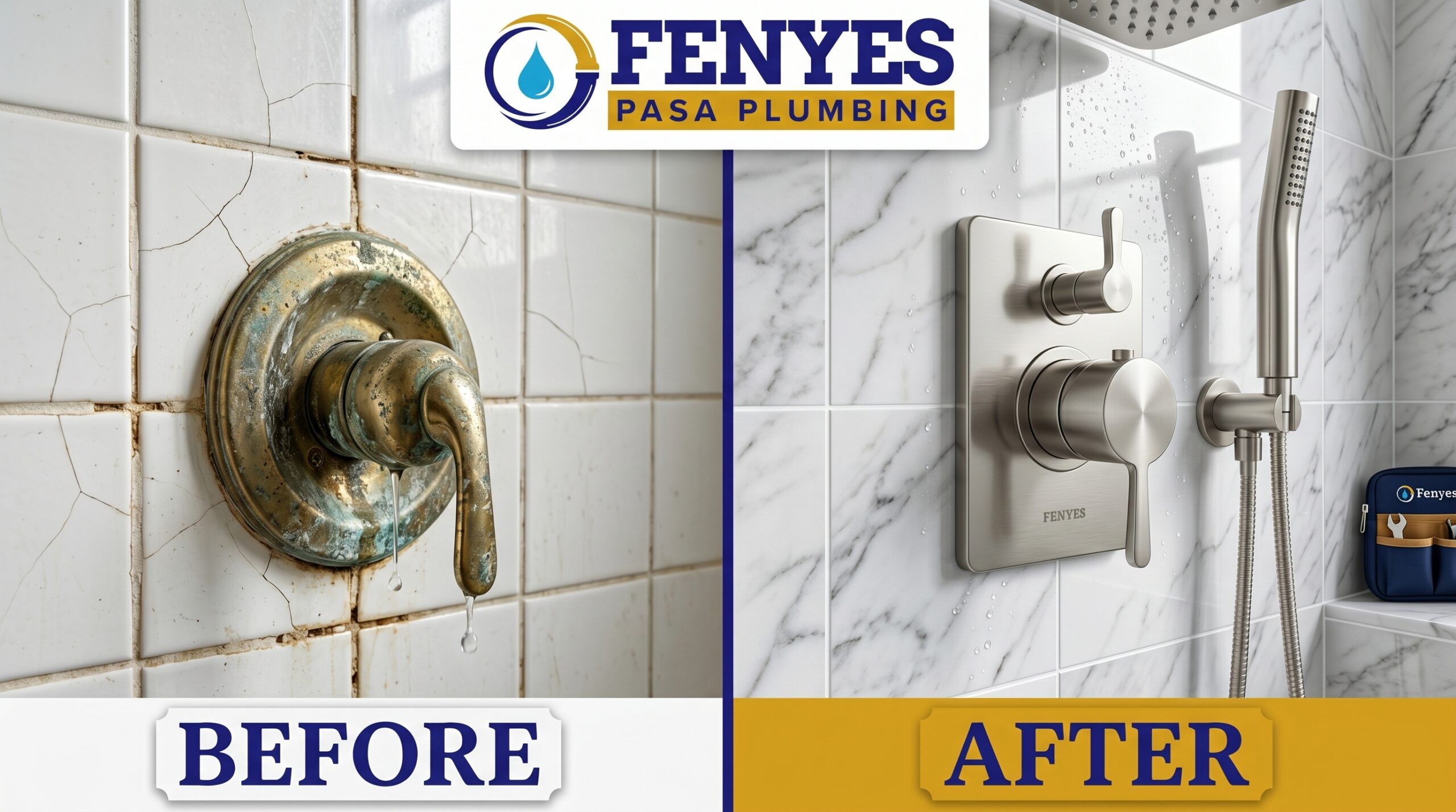Before and After Shower Valve Repair and Replacement in Pasadena CA by Fenyes Pasa Plumbing - Old corroded valve replaced with modern pressure-balancing valve