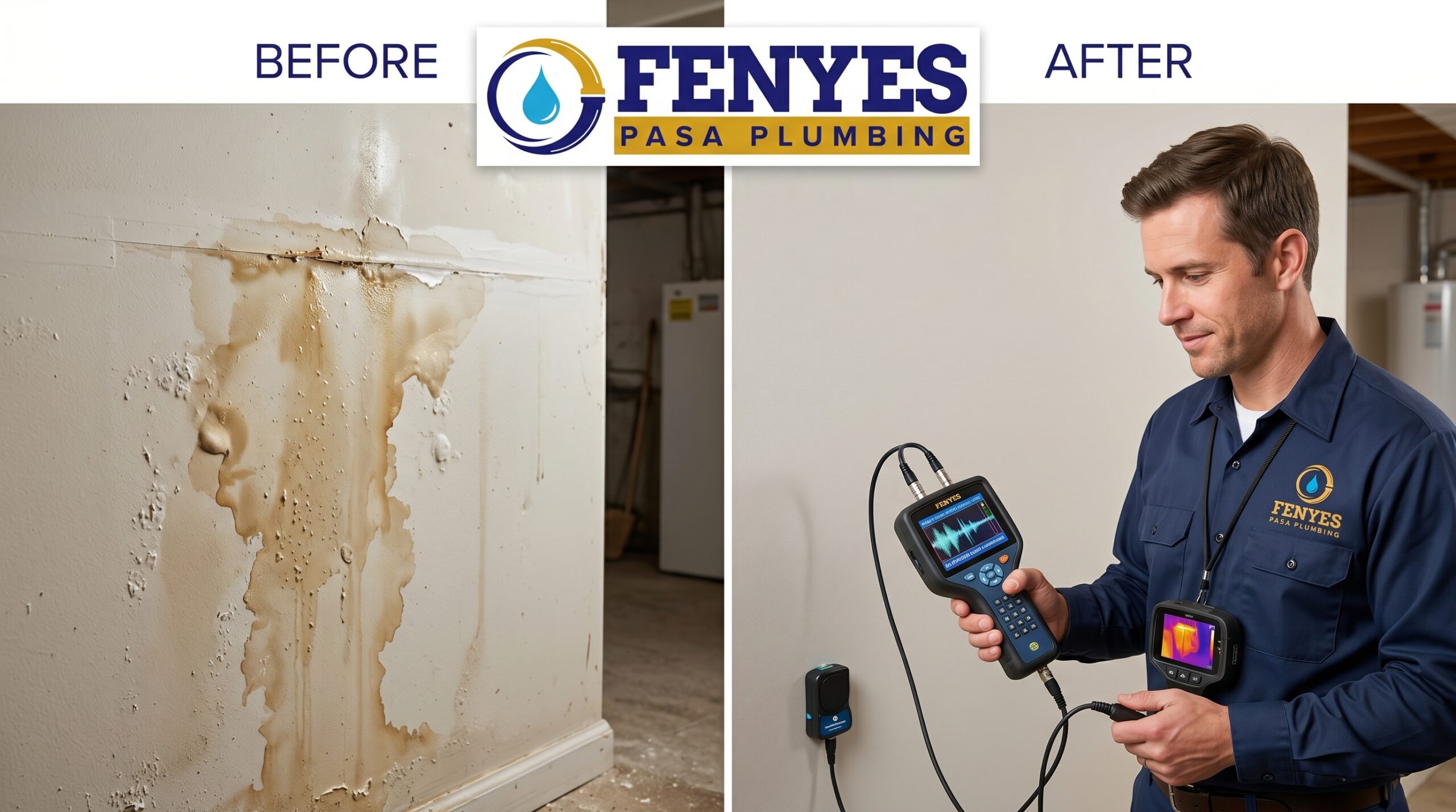 Professional slab leak detection results in Pasadena CA — Fenyes Pasa Plumbing pinpointing a hidden foundation leak using electronic acoustic detection and infrared thermal imaging equipment