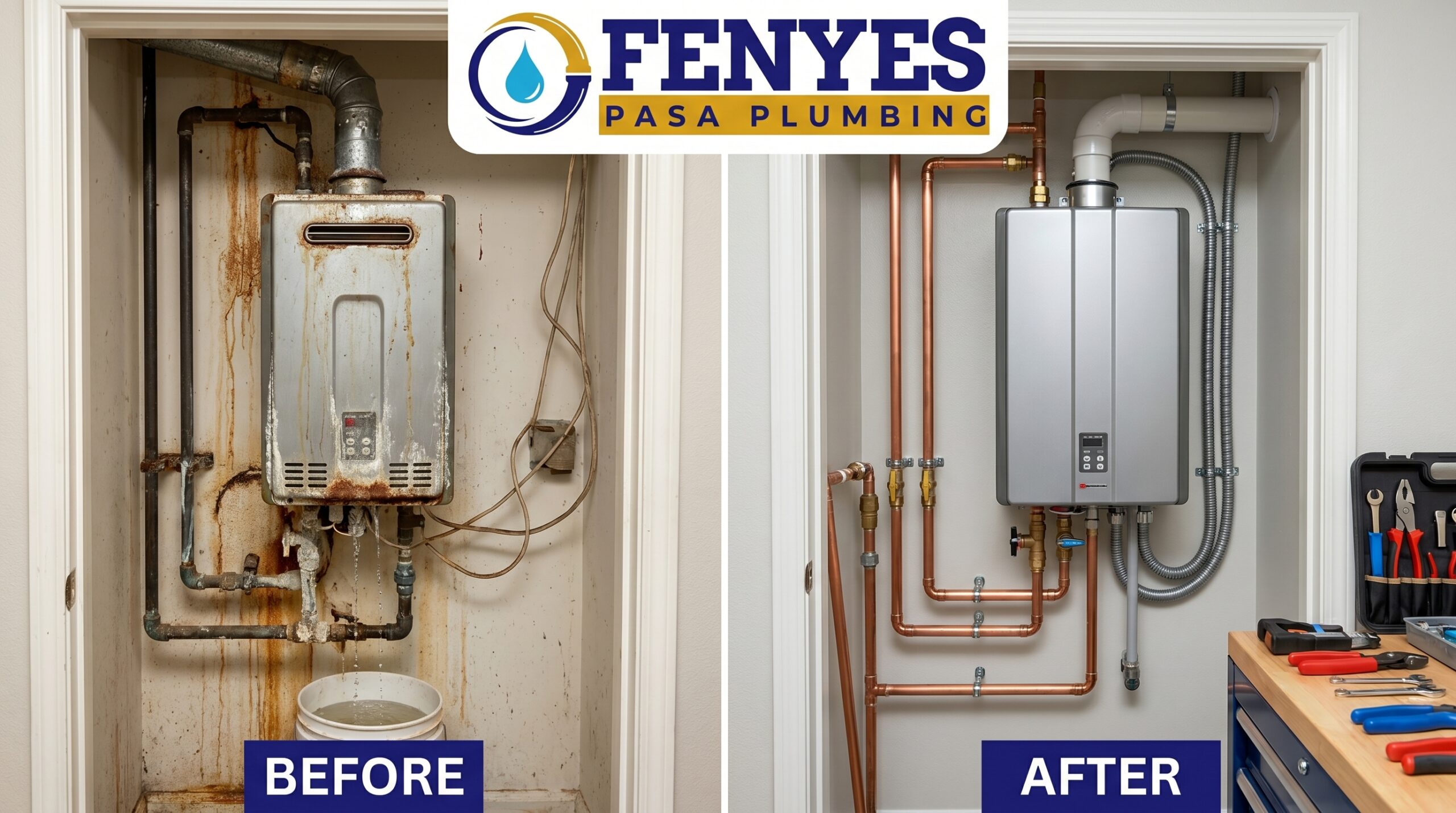 Tankless water heater repair and replacement service by Fenyes Pasa Plumbing in Pasadena, California — before and after component-level diagnosis and descaling