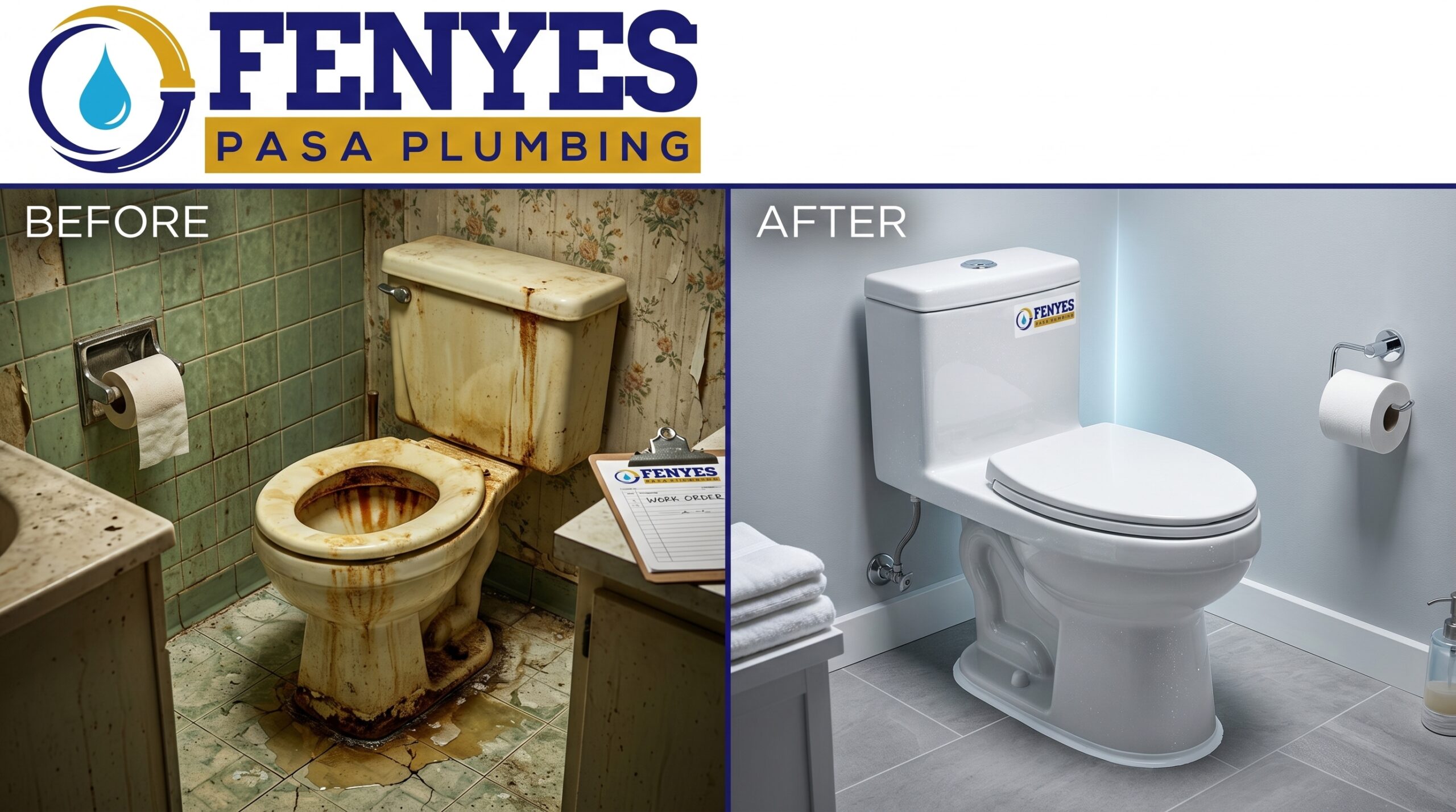 Before and After Toilet Repair and Replacement in Pasadena CA by Fenyes Pasa Plumbing — Old high-volume toilet replaced with modern WaterSense-certified model
