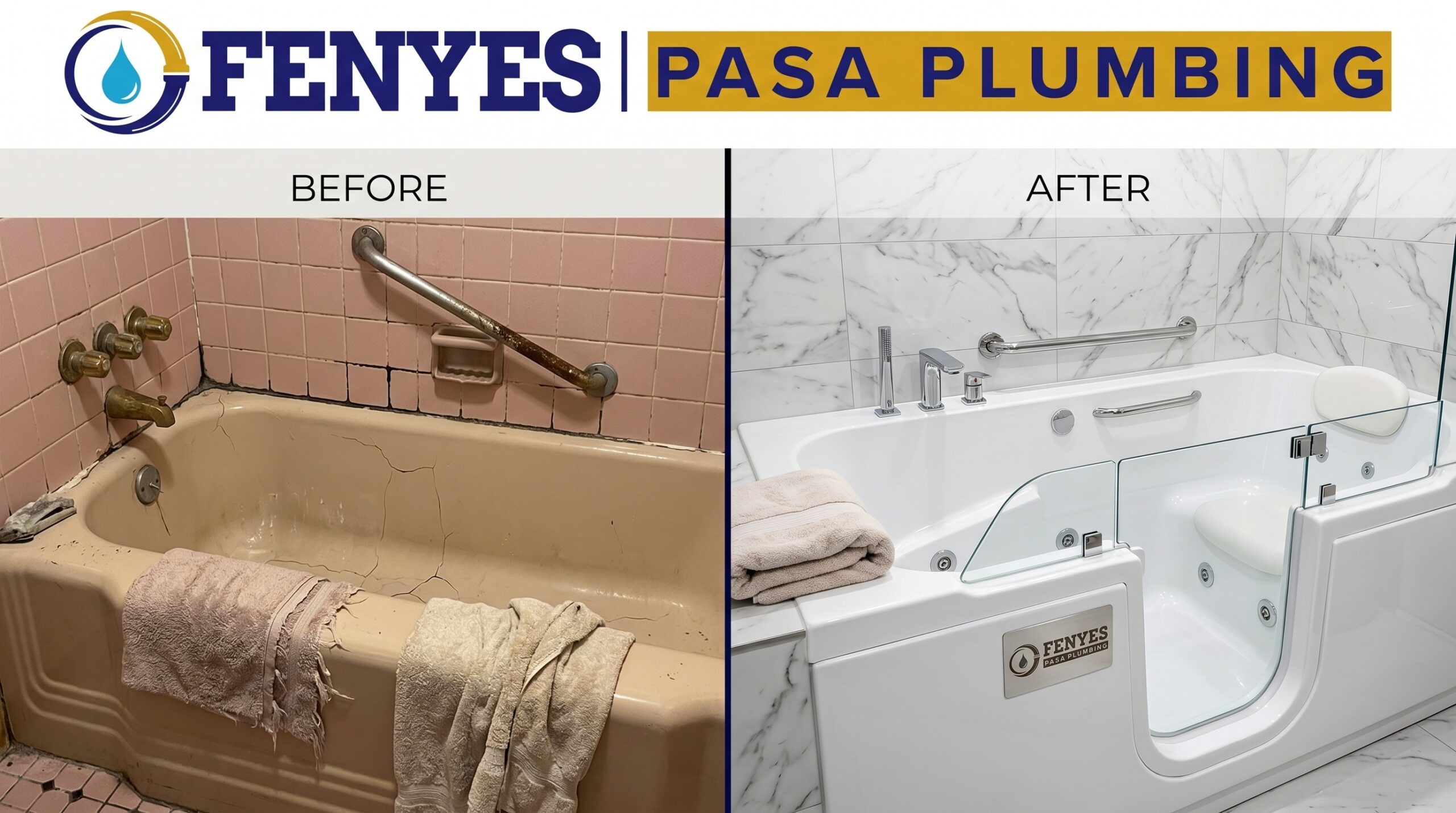 Before and after walk-in tub installation in a Pasadena CA home by Fenyes Pasa Plumbing — showing the transformation from a standard high-walled bathtub to a safe, accessible walk-in tub with door seal, grab bars, and anti-slip flooring