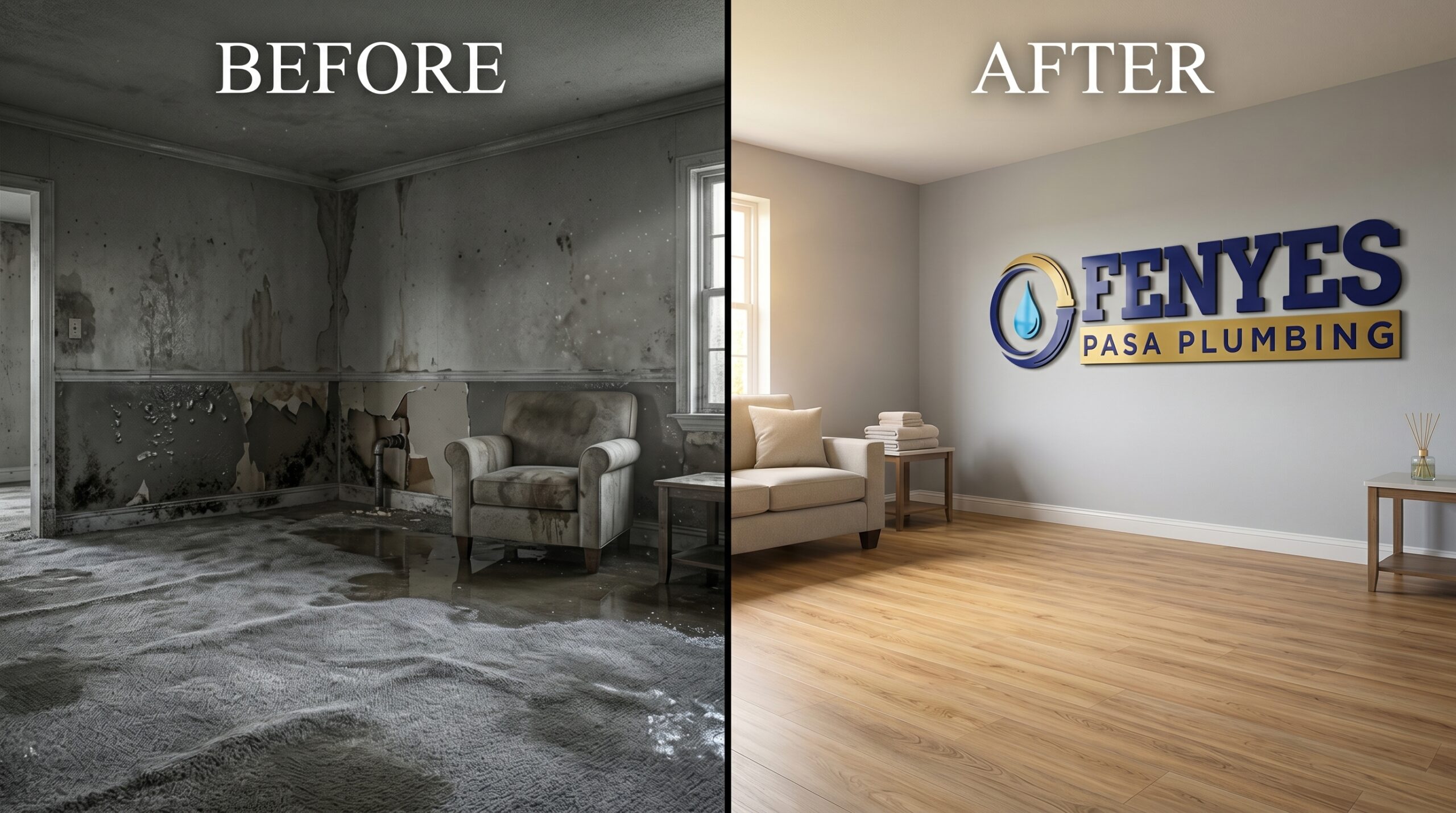 Water Damage Restoration Before and After - Fenyes Pasa Plumbing Emergency Response in Pasadena, California showing the difference rapid plumbing source identification makes