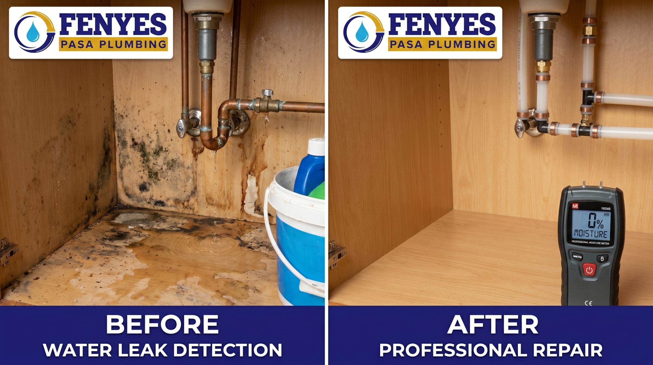 Water Leak Detection Before and After Results - Fenyes Pasa Plumbing Pasadena CA - Professional non-invasive leak detection showing hidden leak located behind wall