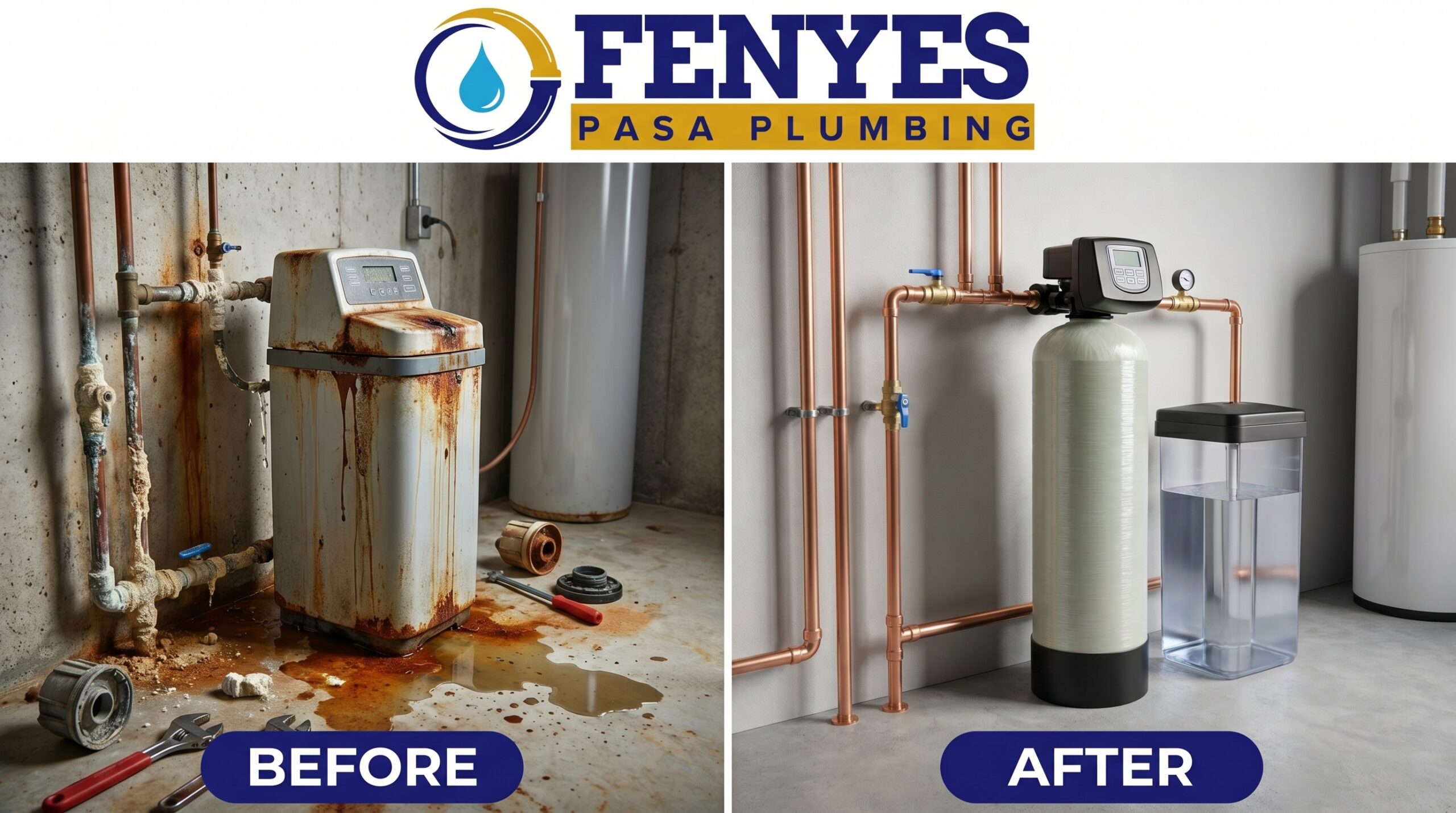 Water Softener Repair and Replacement Before and After Results in Pasadena California - Fenyes Pasa Plumbing